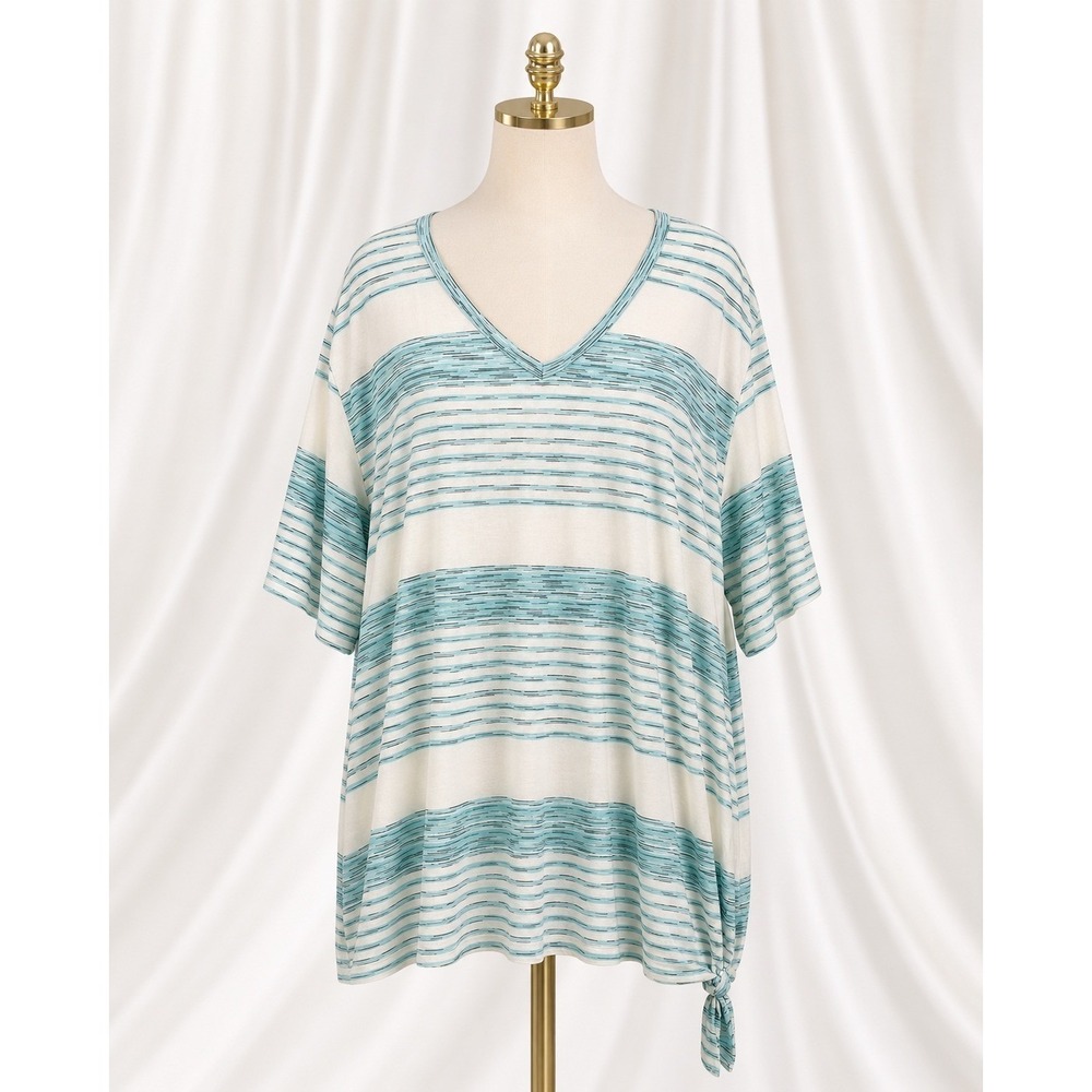 Belle by Kim Gravel Variegated Striped Side Knot Top Tee 3X Cabana Blue White